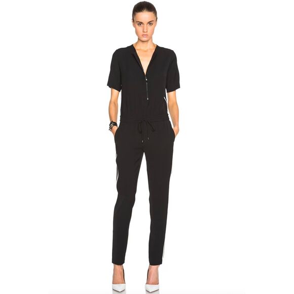 Vince Women's Contrast Trim Short Sleeve Jumpsuit Sz 4 Elastic Waist Black White - Picture 1 of 13